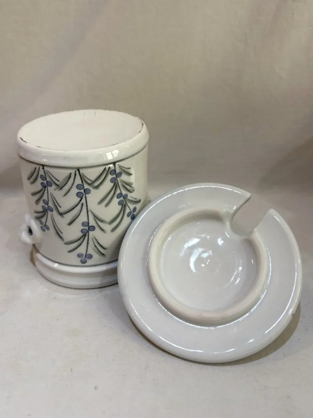 Hand Crafted Pottery Lidded Jam Condiment Jar Hand Painted Blue Berry Stamped
